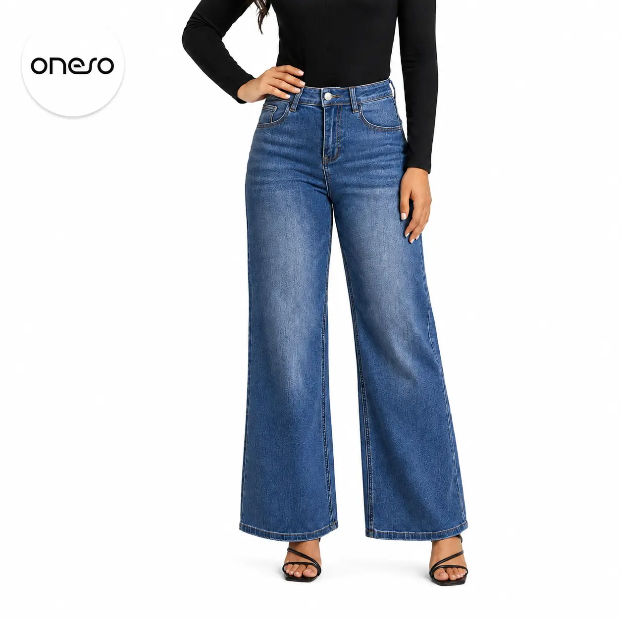 ONESO Women’s High Waisted Wide Leg Stretch Jeans Relaxed Fit Full Length Denim Pants Clean Medium Blue Wash