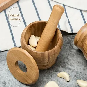 Bamboo Garlic Mortar & Pestle, 1 Set Garlic Crusher, Effortless Spice Grinder for Garlic, Herbs, and Chili, Kitchen Tool for Homemade Sauces, Utensils