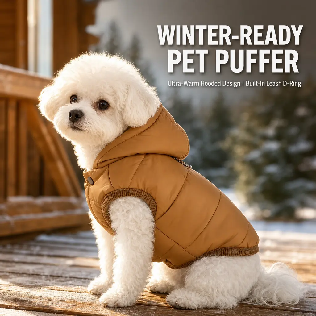 Warm Hooded Dog Winter Coat, Thick Pet Jacket with Easy-On Button Closure & Leash Clip, Cozy Cold Weather Dog Clothes for Outdoor Walks, Travel & Everyday Wear
