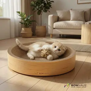 BOWHAUS Round Cat Scratcher Bed, Cardboard Scratch Pad Lounge, Reversible Cardboard Cat Scratch Bowl for Indoor Cats, Durable Cat Scratching Board, Cat Scratcher Lounger Pad, Furniture Protector