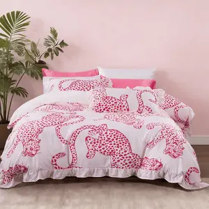 3-Piece Pink Leopard Print Ruffled Duvet Cover Set, Includes 1 Duvet Cover and 2 Pillowcases (Without Insert), Soft and Comfortable, Cute and Romantic, Ideal Gift.