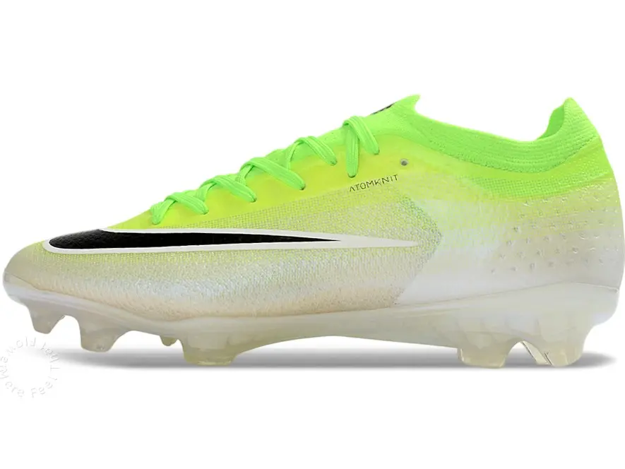Ultra Thin Semi Transparent Neon Gradient Flyknit Low Cut FG Studded Competition Soccer Cleats, Clear Anti Slip Long Stud Outsole Speed Boost Training Footwear For Men Teens Natural Grass Match