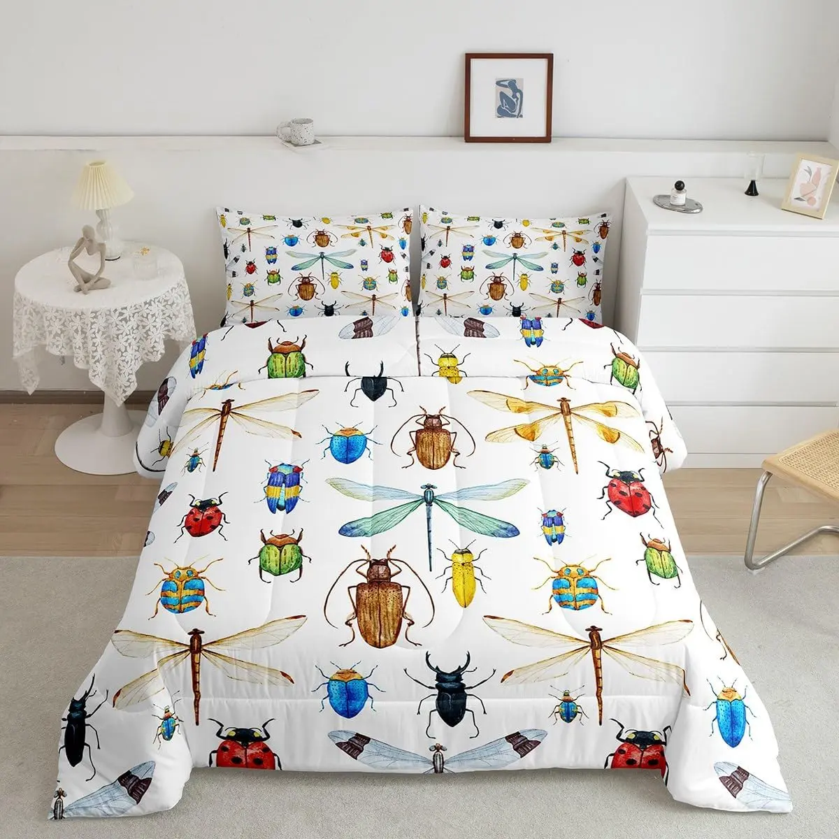 Feelyou Queen Comfy Printed Theme Decorative Bedding Set - Lightweight Colorful Duvet Insert Set with Dragonfly, Ladybug, Reptile Prints, Gift Idea for Women, Printed Bedding Set