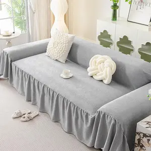 Solid Color Chenille Sofa Cover with Ruffle Trim, 1 Count Non-slip, Decorative Sofa Protector for Home Living Room Hotel Dormitory Decor, Couch Cover