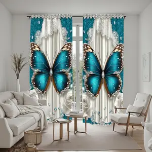Landscape Pattern Curtain, 2 Counts/set Modern Butterfly Pattern Curtain, Home Decor for Living Room Bedroom Study Room, Window Curtain, Home Decoration Curtain