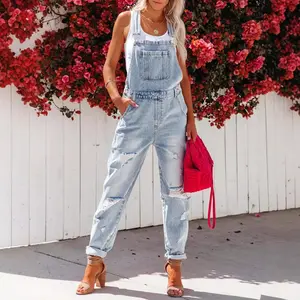 European and American spring light blue ripped denim overalls for women