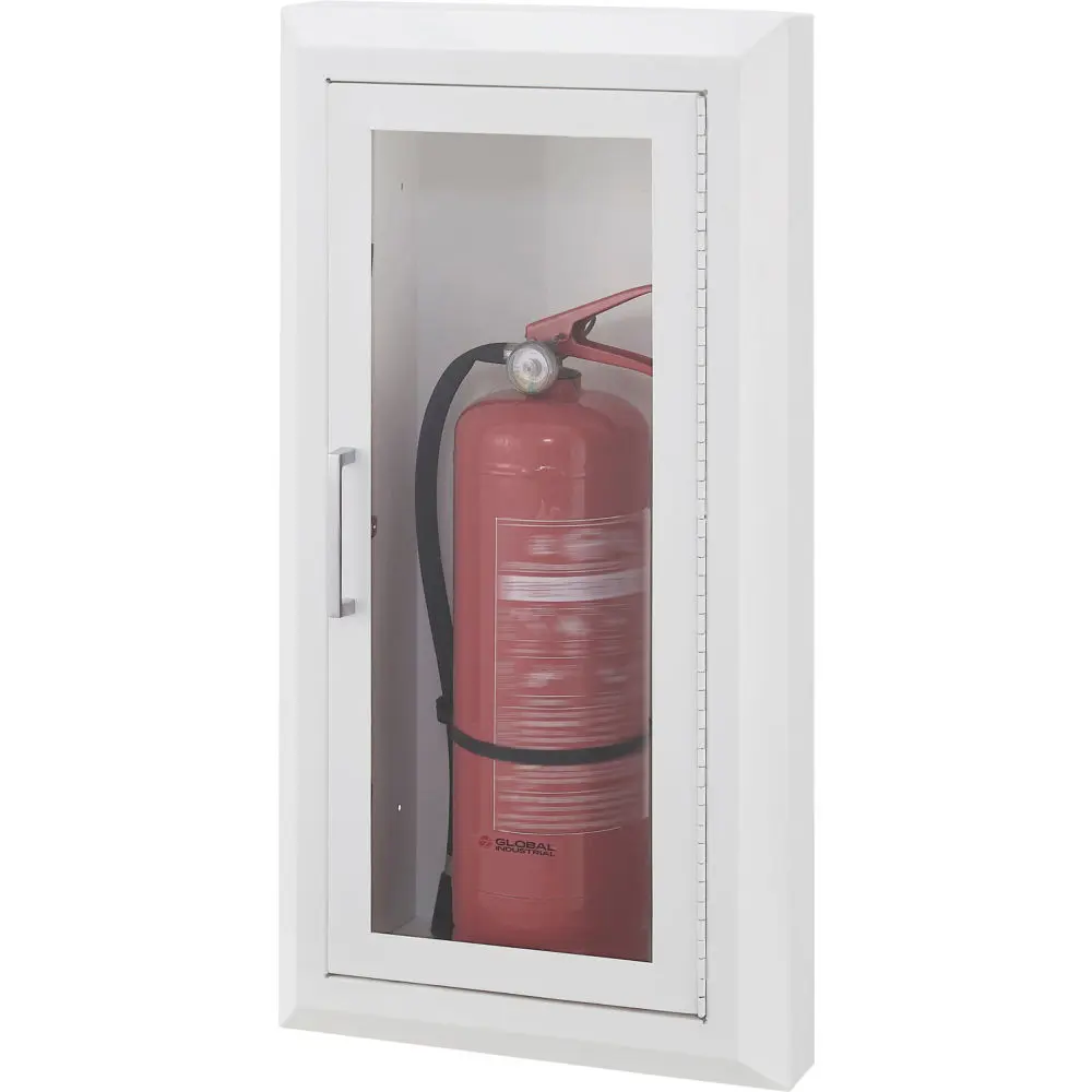 Global Industrial 670599 Steel Fire Extinguisher Cabinet for Indoor Users - Semi-Recessed, Window-Equipped, Easy-to-Use Pull Handle, 10 lbs Extinguisher Fit, 24-1/4 in Wall Opening Height, Cabinet W/ Window, Extinguisher Size: 10 Lbs