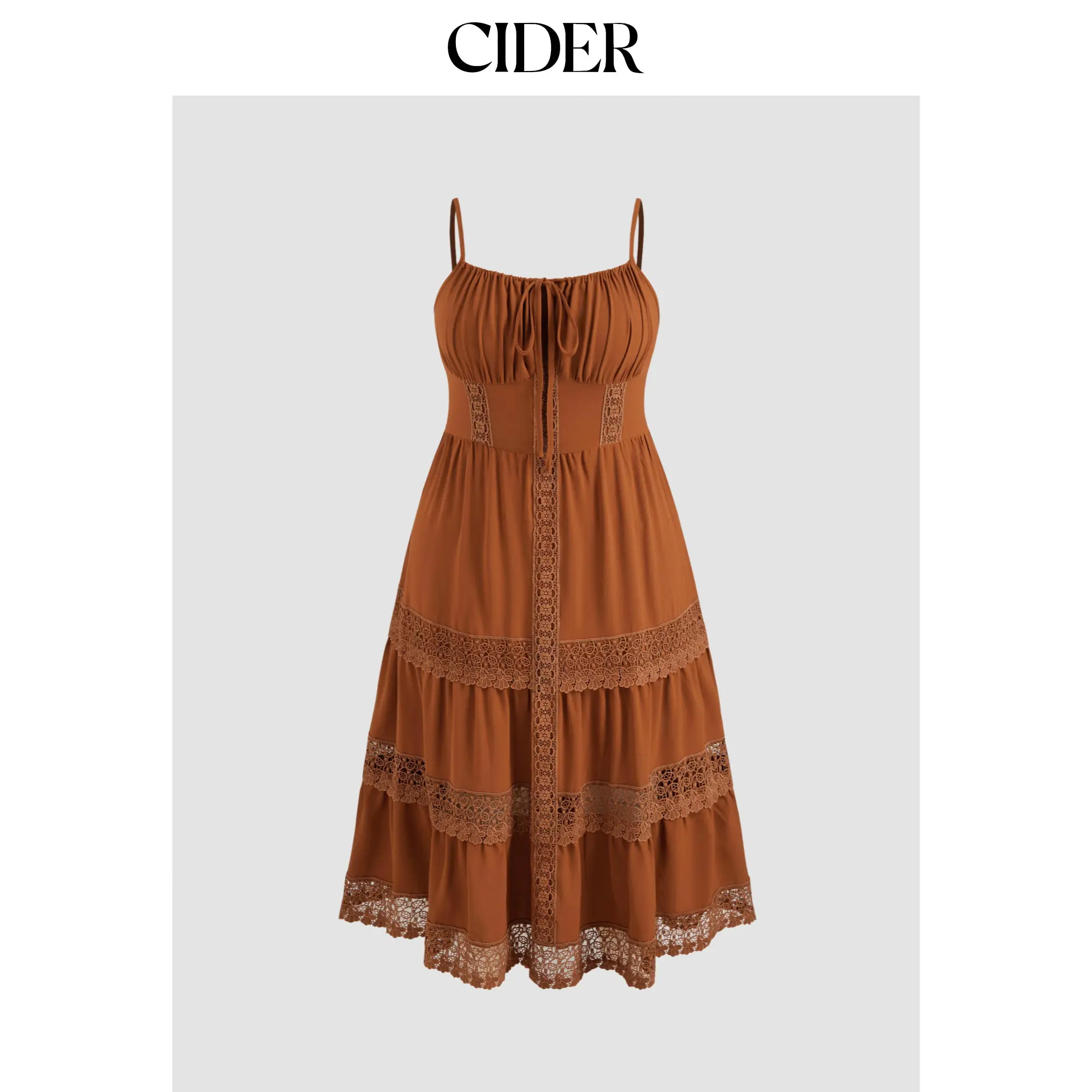 Cider [3 colors, size 0-24] Woven Lace Trim Corset Tiered Cami Ruffle Maxi Dress Curve & Plus