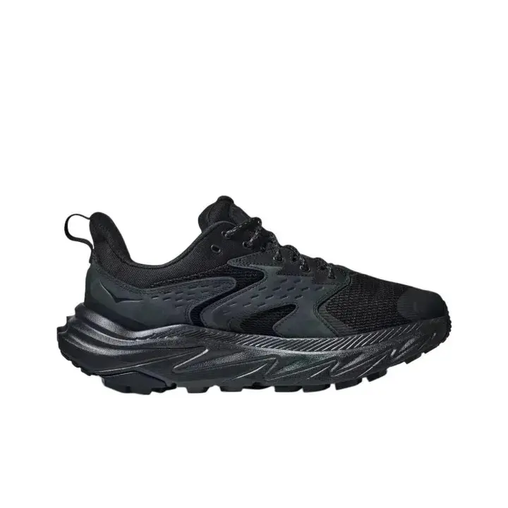 All-black Hollow Textured Mesh Thick-soled Trail Running Shoes, Sturdy Slip-resistant Cushioned Stain-proof Sneakers With Cool Styling for Mountain Hiking & Work Commutes