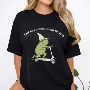 Off to Commit Mom Foolery Frog Graphic Washed Black T-Shirt Funny Mom Vintage Oversized Tee Casual Fit