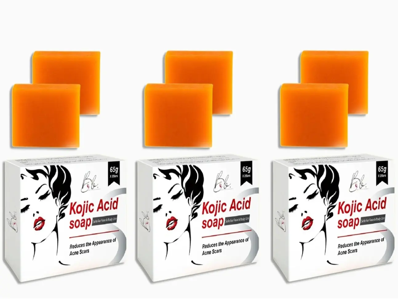 Blusheva Beauty Kojic Acid Soap Bundle 3 Boxes 6 Bars Total 65g Each Gentle Face & Body Cleansing Bars for Mild Cleansing