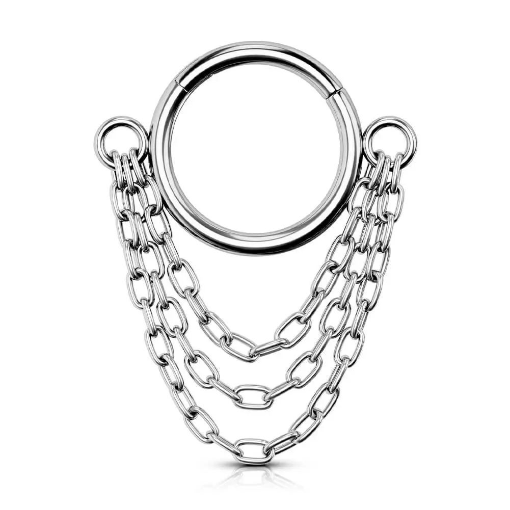 OUFER BODY JEWELRY 16G Septum Ring with Triple Chain Dangle, Unisex 316L Stainless Steel Hinged Hoop for Septum Piercing, 8mm/10mm