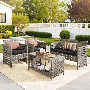 ALTRIGUS 4-Piece Patio Furniture Set, Outdoor Wicker Sofa with Chairs Coffee Table, High Back Rattan Couch Loveseat with Comfy Cushions for Porch Yard Deck