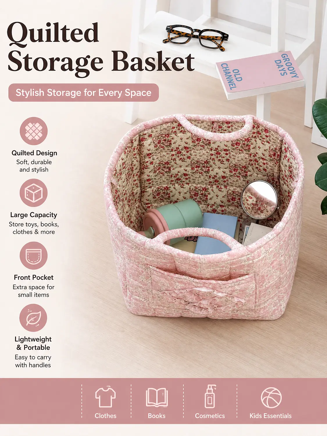 Floral hand carry storage bag dirty clothes basket colorful small fresh flowers high value retro bedroom portable removable clothing storage sundries storage suitable for home outdoor travel foldable