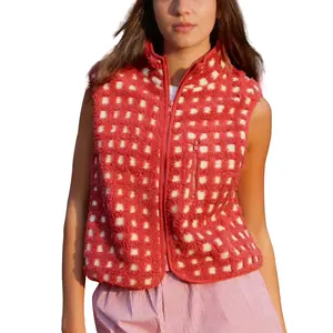 MaLinfandor Womens Checkered Sherpa Vest Sleeveless Winter Fleece Jacket High Neck Zip Up Plaid Gilet with Chest Pocket