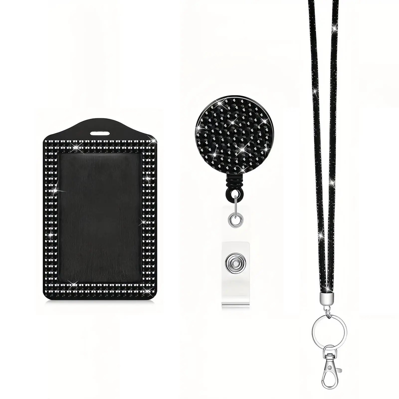 3 In 1 Rhinestone Lanyard with Bling ID Card Holder Set (1 Set), Retractable Badge Reel Neck Sparkly Lanyard with Metal Clasp and Key Ring for Student