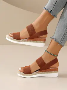 Women's Wedge Espadrille Sandals, Open Toe Slip-On Shoes with Stretch Band, Casual Solid Color Backless Footwear for Vacation, Espadrille Wedges Sandals