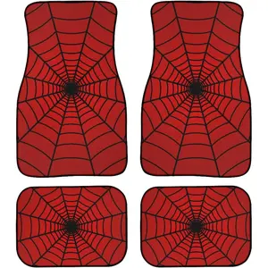 Spider Web Car Floor Mats Carpet Set of 4 Abstract Black Spiderwebs on Red Background Floor Mats for Cars Universal Vehicle Front Rear Rugs Grunge Cobweb Car Decor Accessories for Trucks