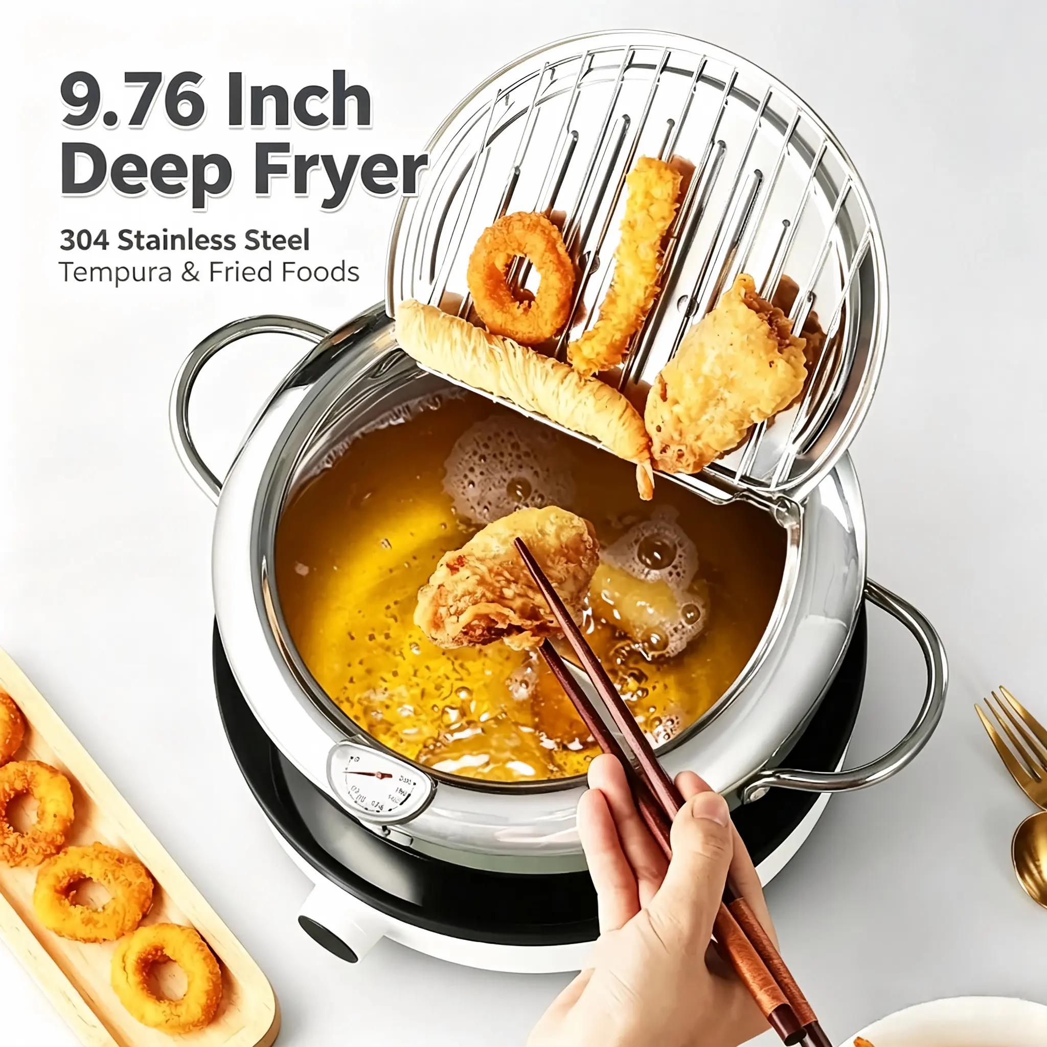 9.76 in 304 Stainless Steel Tempura Deep Fryer for Home Use - with Lid, Oil Separator, Precise Temperature Control, Gas & Induction Cooktop Compatible, Ideal for Frying Chicken, Fry Food