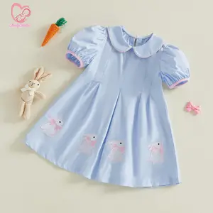 Toddler Girl Easter Dress Bunny Embroidery Doll Collar Short Sleeves A Line Dress