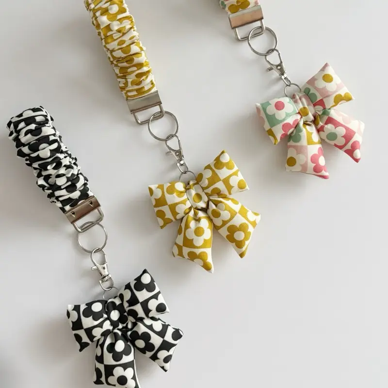 Scrunchie Wristlet with Mini Plush Bow Retro Floral Pattern Silver Color Clasp Perfect for Everyday Use Fashion Accessory
