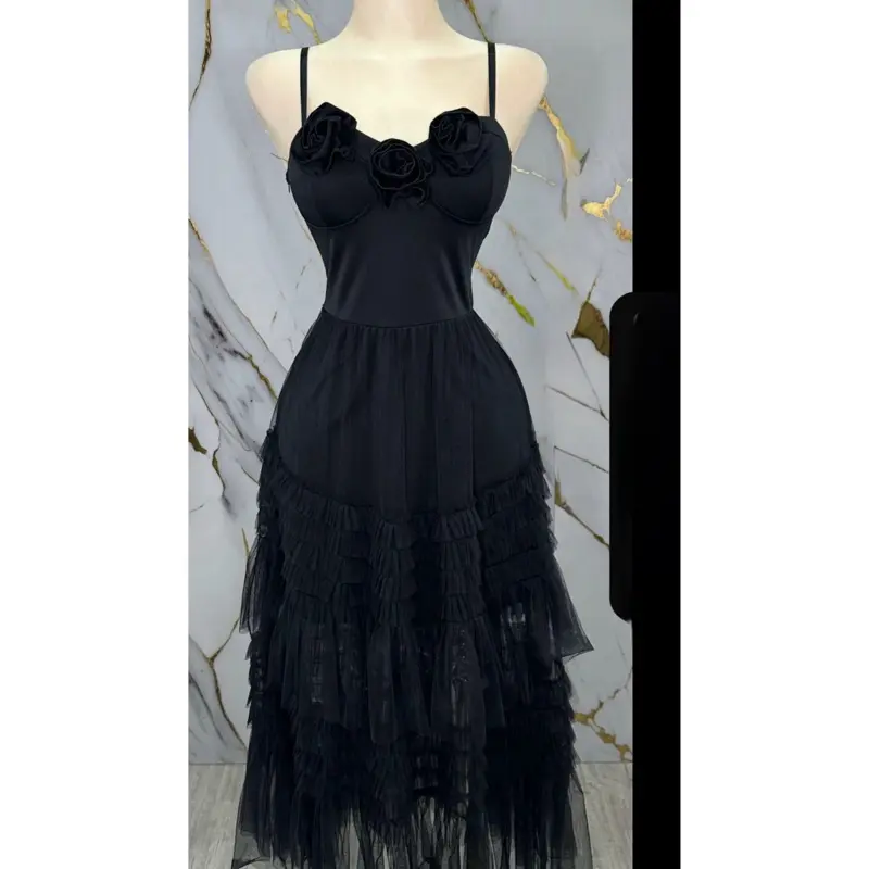 blue dress for baby girl Black Ruffled Tulle Midi Dress Black / 8