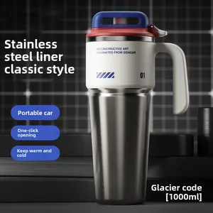 Stainless Steel Sports Water Tumbler - 1000ml Large Capacity, 1-Click Open/Close with Straw, Portable Car Flask for Active Users