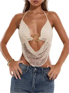 Women's Crochet Halter Top Tie Open Back Metal Ring Draped Front Sexy Rave Party Going Out Tops Clubwear