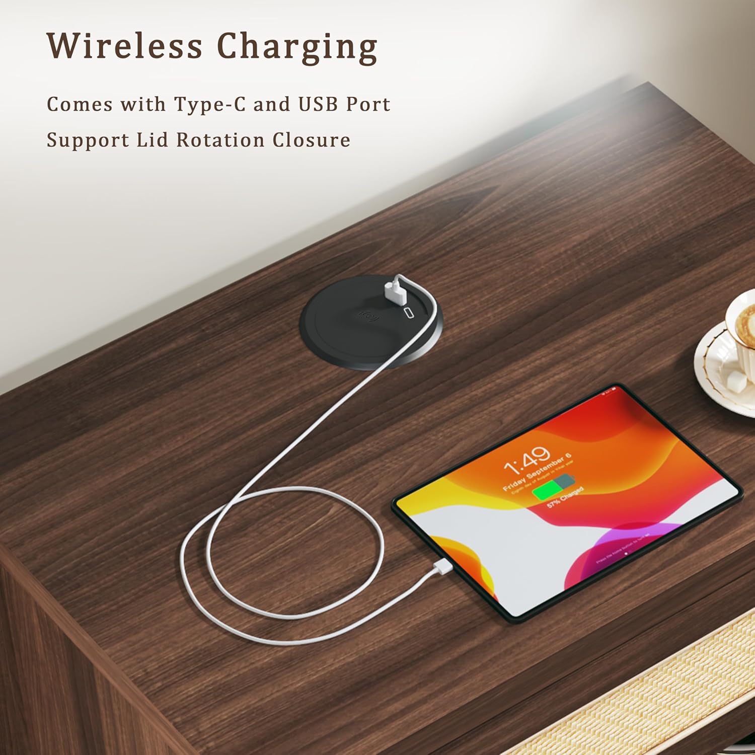 Wide Nightstand, 26" Mid Century Modern Wooden Night Stand, Rustic Bedside Table with Rattan Drawer, Large Side Table with Wireless Charging, Vintage End Table with Storage for Bedroom, Walnut