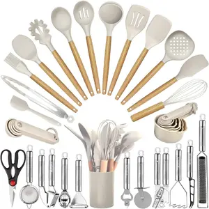Set- 35 PCs Kitchen Utensils Cooking Utensils with Grater,Tongs, Spoon Spatula &Turner Made of Heat Resistant Food Grade Silicone and Wooden Handles Kitchen Gadgets Tools Set for Nonstick Cookware