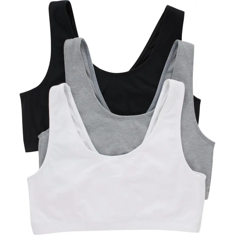 Women's 3-Pack Cotton Bralette, Lightweight Scoopneck Pullover for Low-Impact Workouts, No Padding Light Support Bra, Female, Pull On, Smooth Bottom Band, Wireless, Comfortflex Fit