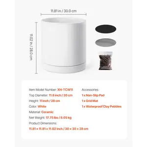 VEVOR Plant Pot, 12-Inch Large Cylinder Planter with Drainage Holes, Non-Slip Pads Detachable Saucer, Modern Ceramic Flower Pots, Indoor and Outdoor Tree Planter Pot, Home Office Decorations