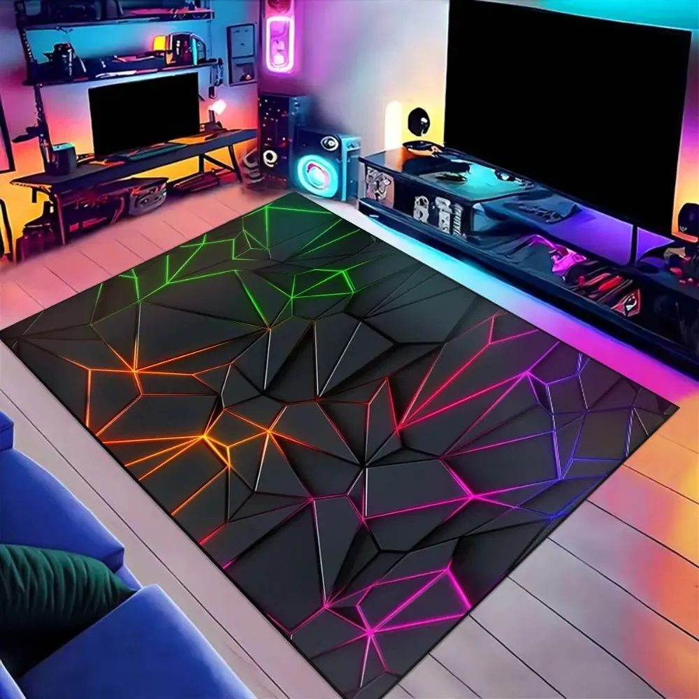2D Gradient Neon Polygon Flannel Area Rug, Geometric Graphic Rug - Cyberpunk Geometric Pattern Crack Print Soft Gaming Rug for Gaming Room & Living Room, Non-Slip Home Decor, Geometric Design Rug