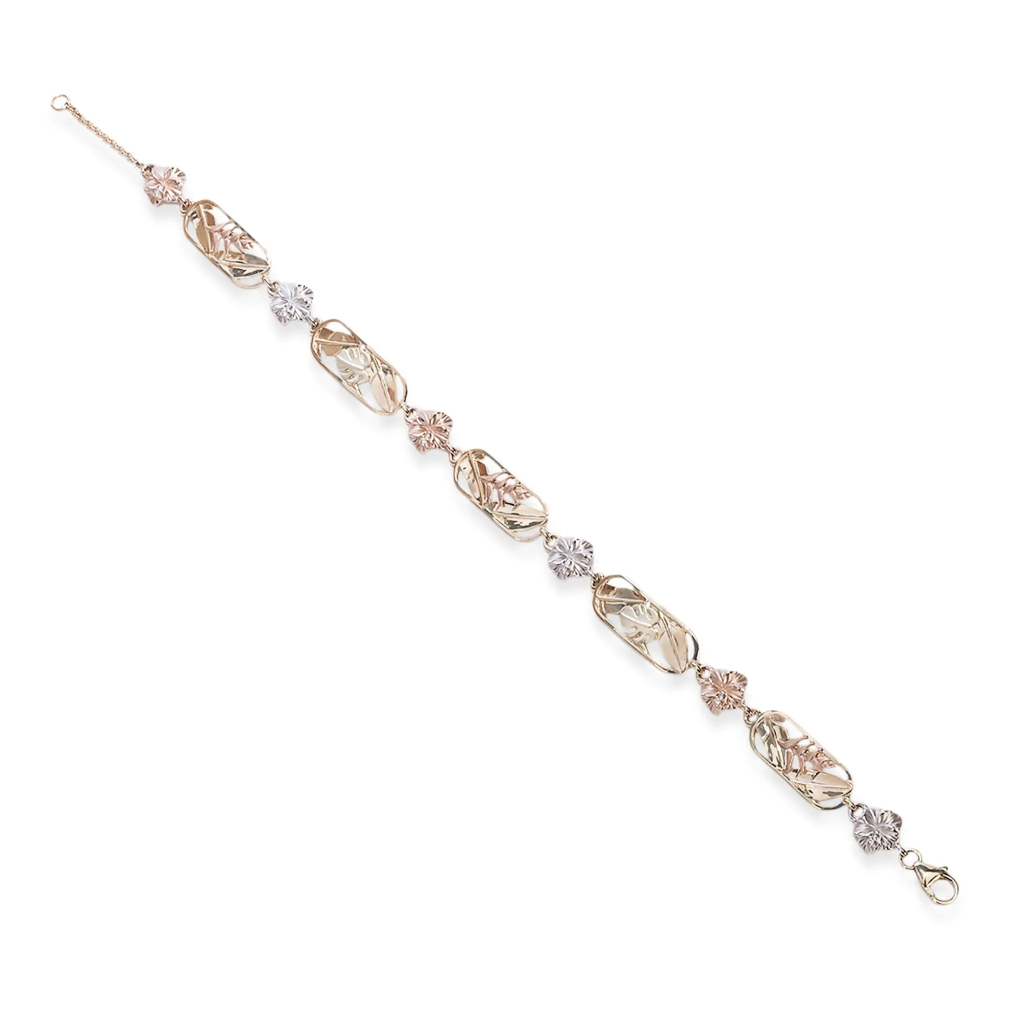 Adjustable 7.25-8.25" Hawaiian Gardens Hibiscus Bracelet in Four Tone Gold with Diamonds