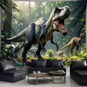1 Giant Dinosaur Primeval Forest Tapestry - Premium polyester terry, vibrant prehistoric jungle art with T-Rex and Velociraptor, horizontal wall hangings for living room, bedroom, office, hotel decor - includes free hanging clips