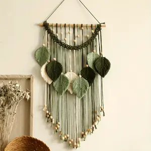 1pc Macrame Leaf Wall Hanging - Intricately Handwoven Chic Bohemian Style Decor with Unique Feather Accents, Delicate Tassels, and High-Quality Tapestry Perfect for Nursery, Bedroom, or Living Room Ideal as a Backdrop