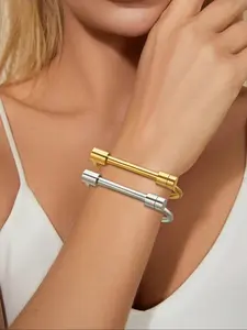 Women's Stainless Steel Bracelet & Bangle Set, Plain Design Metal Screw Brand Jewelry, Durable 316L Material, Fashion Accessory, Elegant Minimalist Bangle