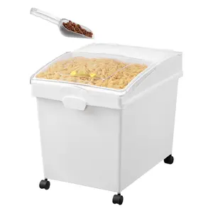 Ingredient Bin 10.5 Gallons Capacity, Durable PP Material Storage Bin On Wheels, White Shelf Bin With Scoop And Sliding Lid, Flour And Ingredient Organizer, Commercial Kitchen Storage Bins Set Of 3