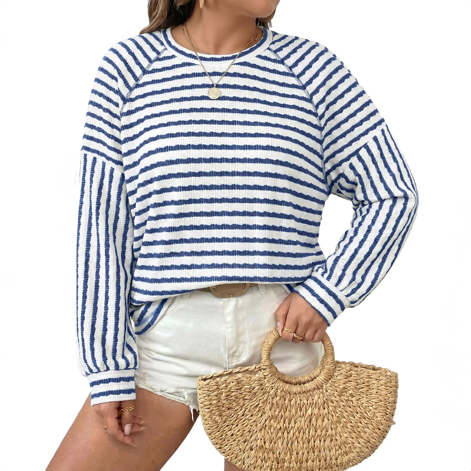 Eytino Womens Stripe Raglan Long Lantern Sleeve Crew Neck Loose Blouse Casual Pullover Top (1X-5X)