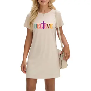 Believe Cross Print T-Shirt Dress for Women – Soft, Comfortable and Ideal for Easter or Church Events