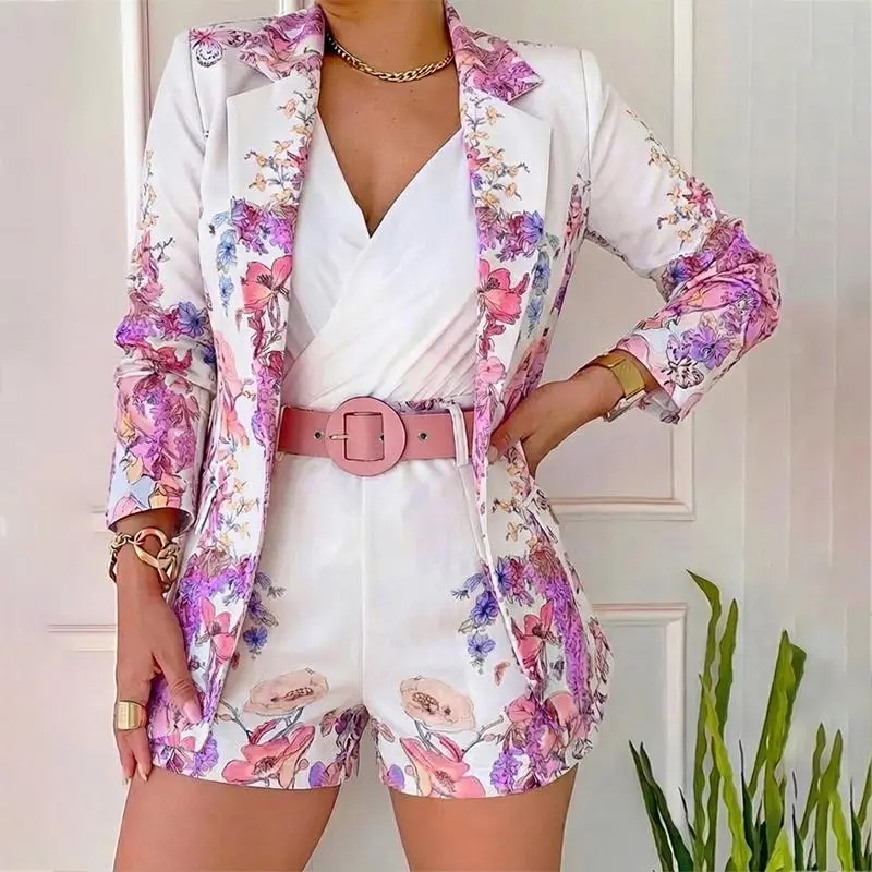 CHICME Women's Floral Blazer & Shorts Set Elegant Single-Breasted Coat and High-Waisted Shorts with Belt and Pocket Button CHICME Women's Floral Blazer & Shorts Set Elegant Single-Breasted Coat and High-Waisted Shorts with Belt and Pocket Button