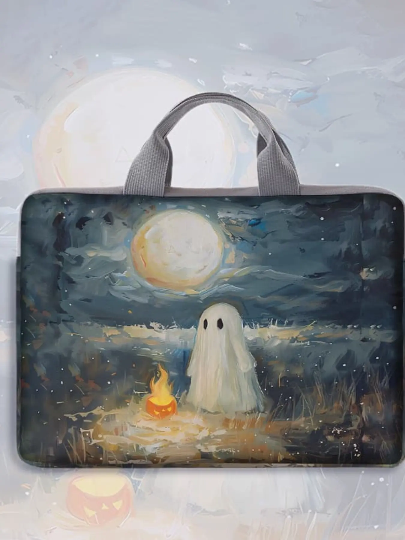 Ghost Pattern Printed Notebook Bag, Soft Laptop Sleeve, Fits Laptops & Tablets, Halloween Zipper Storage Pouch, All Seasons Use, Laptop Travel Bag