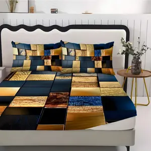 Fitted Sheet 3-Piece Set - 2D Flat Printed Blue and Gold Geometric Pattern Mattress Covers, Available in 10 Sizes (1 fitted sheet + 2 pillowcases, no insert). skin-friendly and breathable bedding, suitable for family bedrooms .
