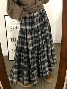 Plaid Patchwork Pleated Long Skirt, Vintage College Casual Style Korean Y2K Cute Girl Versatile Skirt, Womenswear Fashion, Plaid Print Skirt