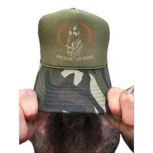 TheDriveClothing Live To Ride Green Camo Hat – Foam Trucker Cap, Curved Bill Snapback, 5 Panel High Crown Mesh Back Hat, Black Print Unisex Streetwear Cap