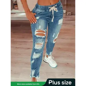 [Plus Size] Solid Color Ripped Jeans, Casual Fashion Denim Pants for Daily Outdoor Wear, Women Plus Clothing for Summer