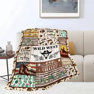Western Cowboy Blanket Wrangler Throw Blankets Rustic Wild West Print Cozy Flannel Stuff Plush Lightweight Bedding Lover Gifts for Men Adults for Couch Sofa Bed Decor