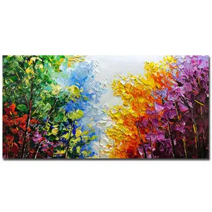 Wall Art, 24x48 inch Modern Abstract Oil Painting on Canvas Wall Art 100% Hand Painting Bright-Coloured Tree Art Living Room Bedroom Decoration Ready to Hang