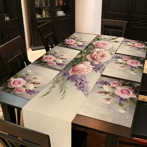2D flat printing, 1 piece/5 piece set/7 piece set retro rose flower pattern table flag and placemat set, holiday party decoration, suitable for seasonal home accessories for family gatherings, kitchen and restaurant indoor and outdoor use