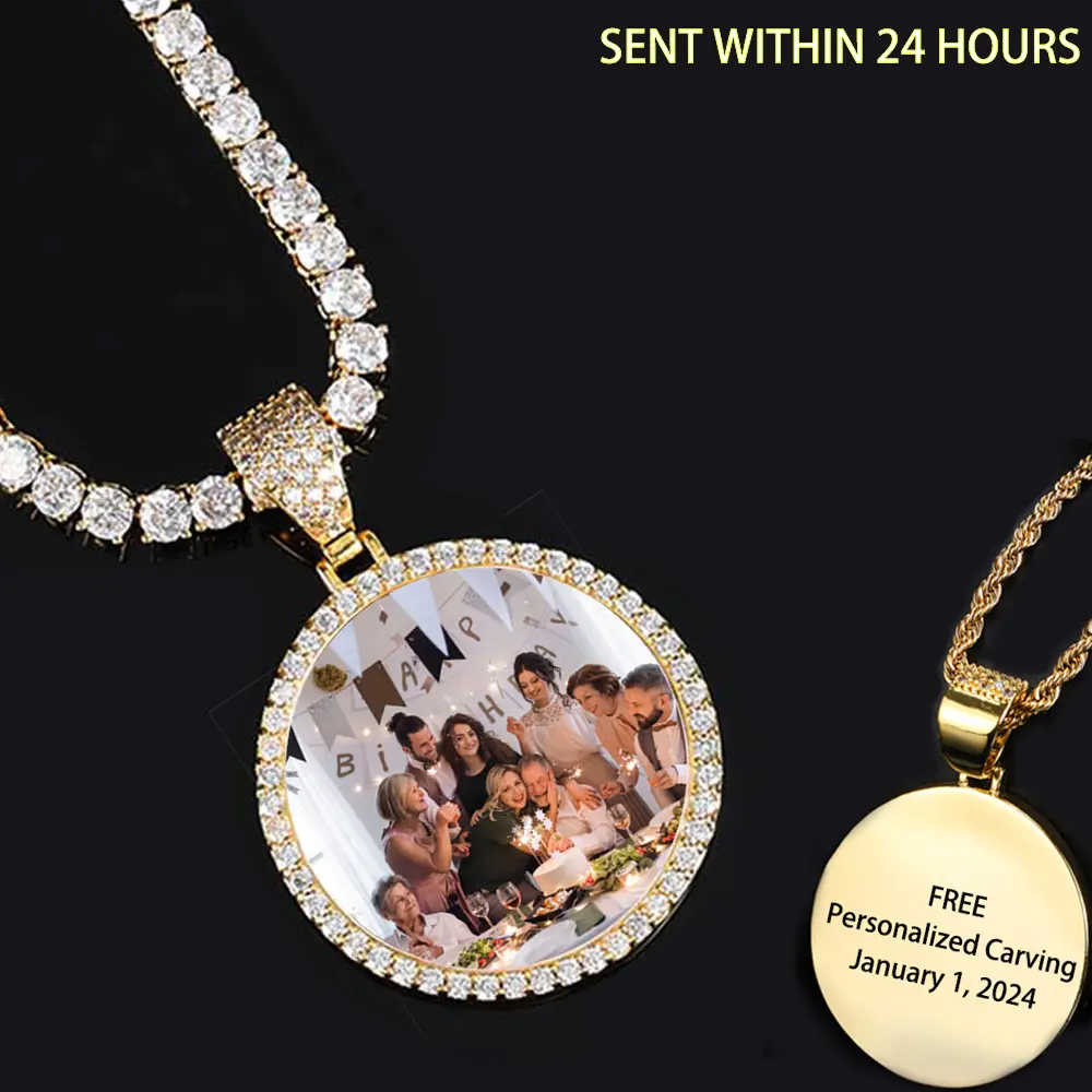 Photo Medallion Bling Stone Necklace Pendant Custom Memory Picture 35MM Circle Hip Hop Jewelry Stainless Steel Iced Out classic design everyday essential versatile style comfort wear wardrobe staple piece relaxed fit